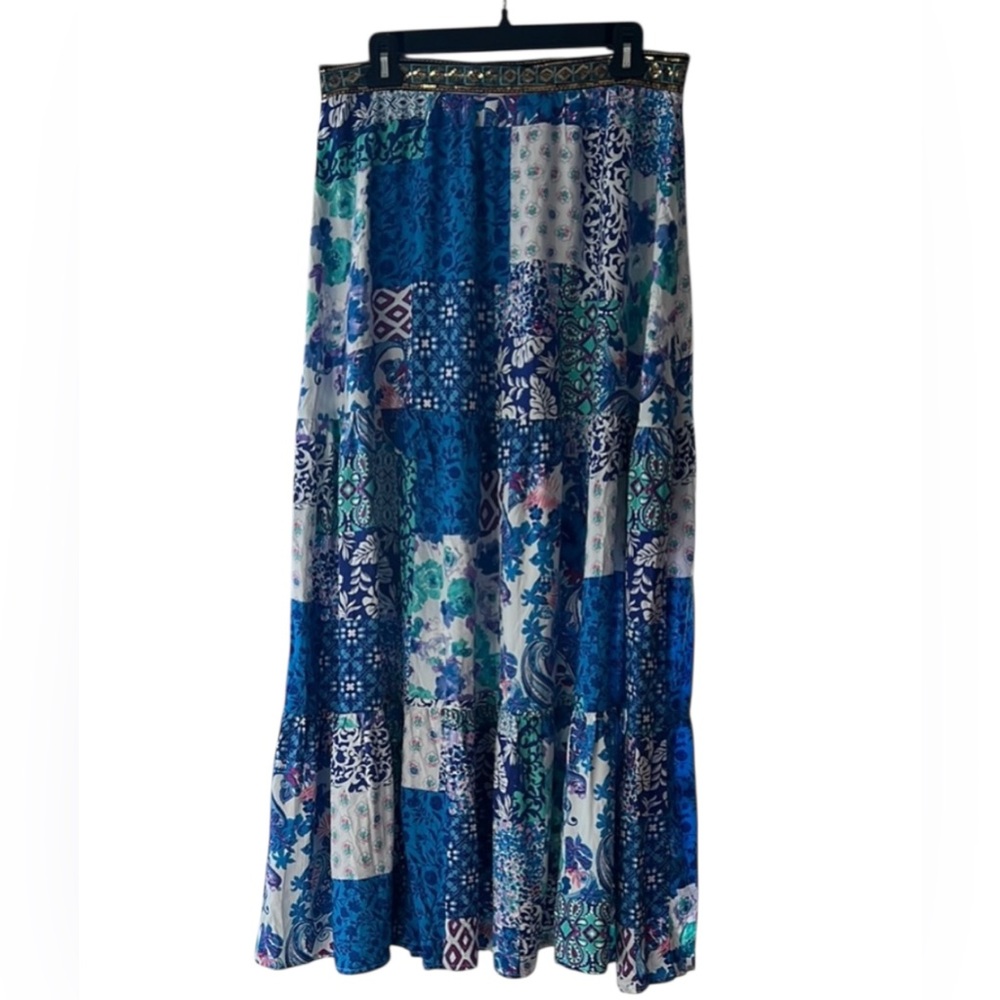 Rusttydustty Boho Blue Patchwork Maxi Skirt XL Embellished Waistband Festival EU - Picture 3 of 11